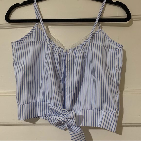 Blue and White Striped Cami Crop Top with Lace Trim and Tie Back - NWOT - Picture 2 of 15